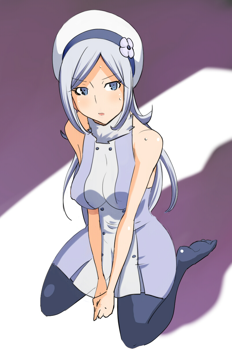1girl aila_jyrkiainen bare_shoulders blue_eyes breasts dress feet female gundam gundam_build_fighters hat large_breasts legs long_hair looking_away moonray no_shoes pantyhose seiza simple_background sitting solo sweat thighs white_hair