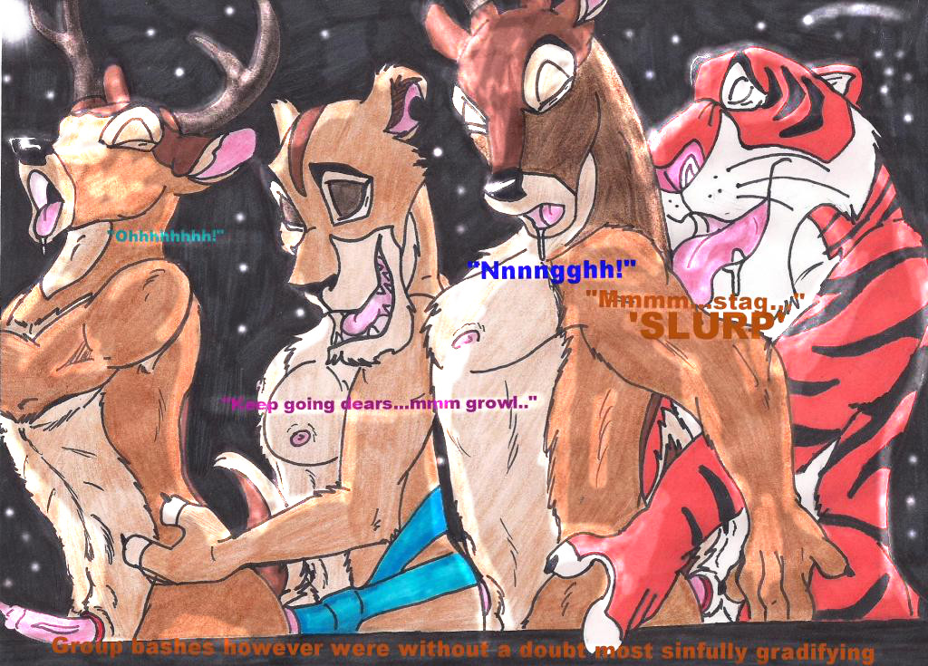 animal_genitalia anthro antlers balls bambi bambi_(film) biceps bisexual breasts cervine comic crossover deer dialog dildo disney drooling english_text eyes_closed feline female foursome gay group group_sex holidaypup horn interspecies jungle_book lion male mammal muscles nipples orgy pecs pegging penis predator/prey predator/prey_relations saliva sex sex_toy sharp_teeth shere_khan strapon teeth text the_great_prince_of_the_forest the_lion_king tiger tongue tongue_out train_position zira