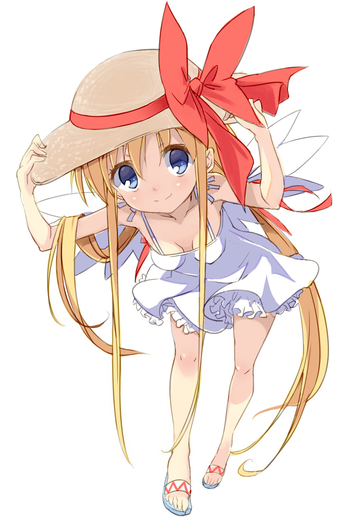 alternate_costume bare_arms bare_shoulders blonde_hair blue_eyes bow breasts collarbone downblouse dress fairy_wings feet hands_on_headwear hat hat_bow lily_white long_hair looking_at_viewer sala_mander sandals simple_background sleeveless sleeveless_dress small_breasts smile solo straw_hat sundress touhou very_long_hair white_background wings