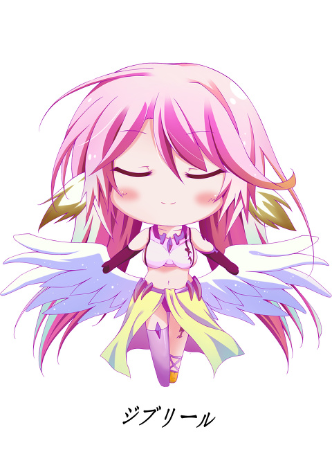 blush breasts chibi closed_eyes feijitian image_sample jibril_(no_game_no_life) md5_mismatch mismatched_legwear no_game_no_life pink_hair pixiv_sample simple_background solo white_background