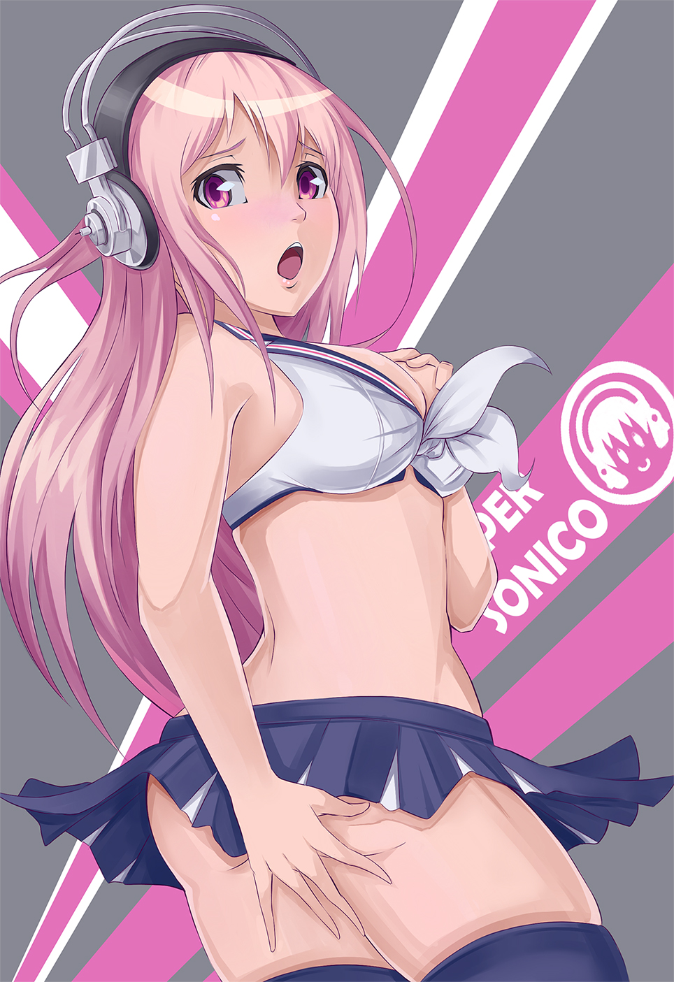 blush breasts cheerleader cleavage covering covering_ass headphones highres large_breasts long_hair looking_at_viewer looking_back navel nitroplus open_mouth pink_eyes pink_hair solo super_sonico tako_maru thighhighs