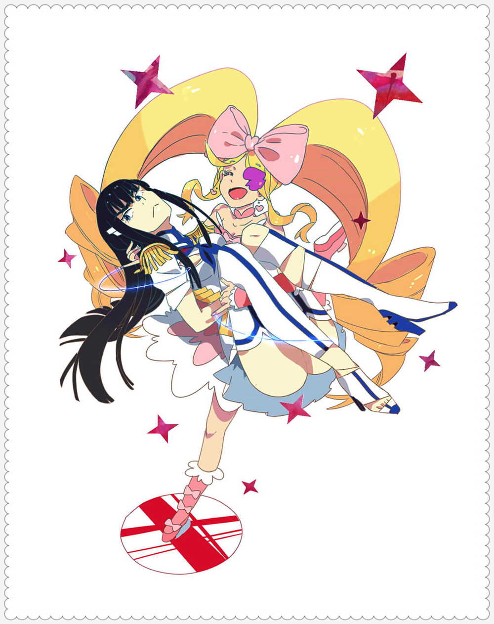 :&lt; adapted_costume big_hair black_hair blonde_hair blue_eyes boots bow carrying drill_hair eyepatch hair_bow harime_nui highres kill_la_kill kiryuuin_satsuki long_hair multiple_girls pink_bow pink_footwear princess_carry smile twin_drills twintails yidajuanfei