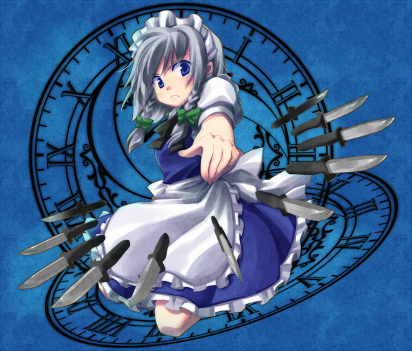 apron braid clock frilled_skirt frills izayoi_sakuya knife maid_apron maid_headdress moriya_ako short_hair silver_hair skirt solo throwing throwing_knife touhou twin_braids weapon