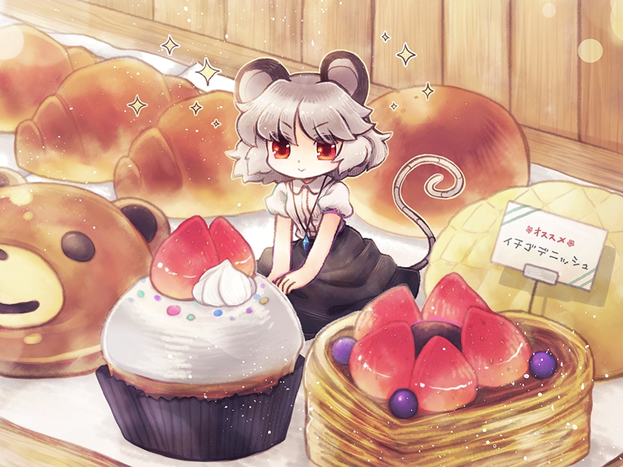 :&gt; alternate_costume animal_ears biyon blouse blueberry bread croissant cupcake food fruit grey_hair jewelry looking_at_viewer melon_bread minigirl mouse_ears mouse_tail nazrin pendant puffy_short_sleeves puffy_sleeves red_eyes short_sleeves sign skirt smile solo sparkle strawberry tail touhou