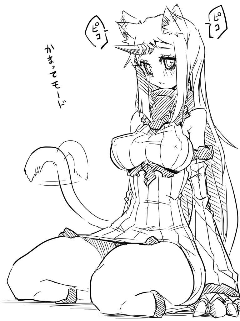 animal_ears bare_shoulders blush breasts cat_ears cat_tail claws detached_sleeves dress greyscale horn jin_(mugenjin) kantai_collection kemonomimi_mode large_breasts long_hair looking_at_viewer monochrome ribbed_dress ribbed_sweater seaport_hime shinkaisei-kan short_dress sideboob simple_background solo sweater sweater_dress tail translation_request white_background