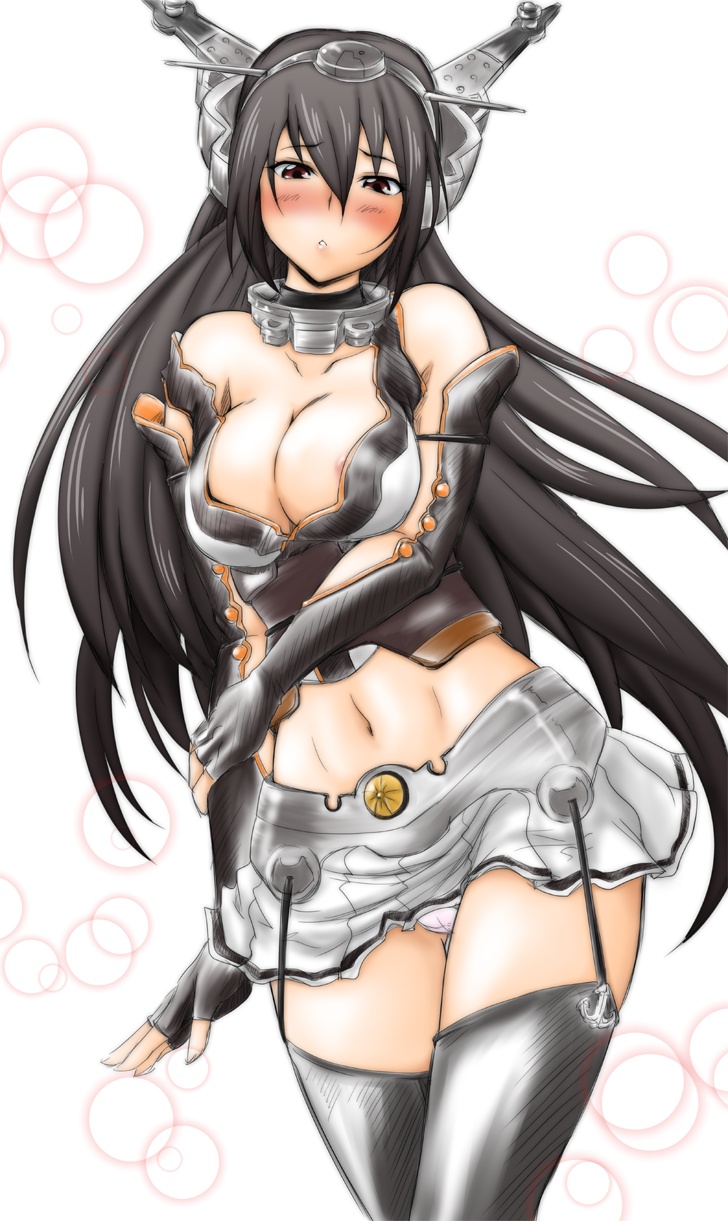 bare_shoulders black_hair blush breasts cleavage elbow_gloves fingerless_gloves gloves hairband headgear highres kantai_collection large_breasts long_hair midriff nagato_(kantai_collection) nipple_slip nipples open_mouth red_eyes solo thighhighs yts_takana