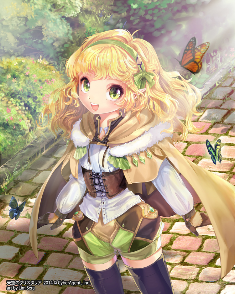 2014 blonde_hair bug butterfly cape green_eyes green_hairband hair_ribbon hairband insect long_hair original pointy_ears ribbon sera_(mrvles) shorts smile solo thighhighs