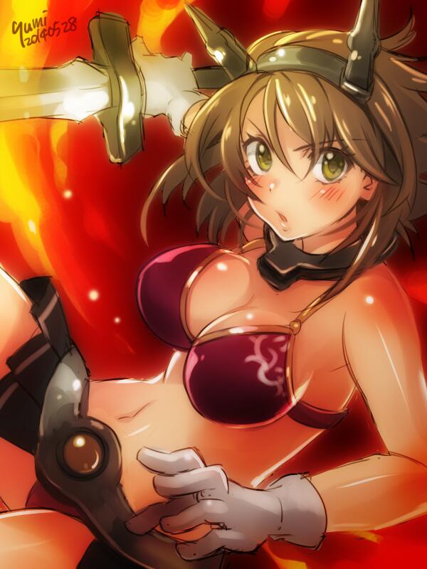 alternate_costume bare_shoulders blush breasts brown_hair fire gloves green_eyes hairband headgear kantai_collection large_breasts looking_at_viewer mutsu_(kantai_collection) open_mouth short_hair skirt solo sword weapon yumi_yumi
