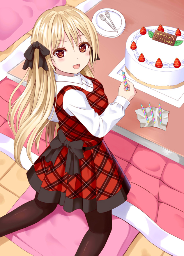 :d back_bow bangs birthday_cake black_bow black_legwear blonde_hair blush bow breasts brown_eyes cake candle collared_shirt cushion dress eyebrows_visible_through_hair food fork from_above hair_between_eyes hair_bow happy_birthday holding holding_candle indoors kneeling kotatsu long_hair long_sleeves looking_at_viewer looking_back open_mouth original pantyhose plaid plaid_dress plate pleated_dress red_dress revision shirt small_breasts smile solo table tsukino_neru very_long_hair white_shirt zabuton