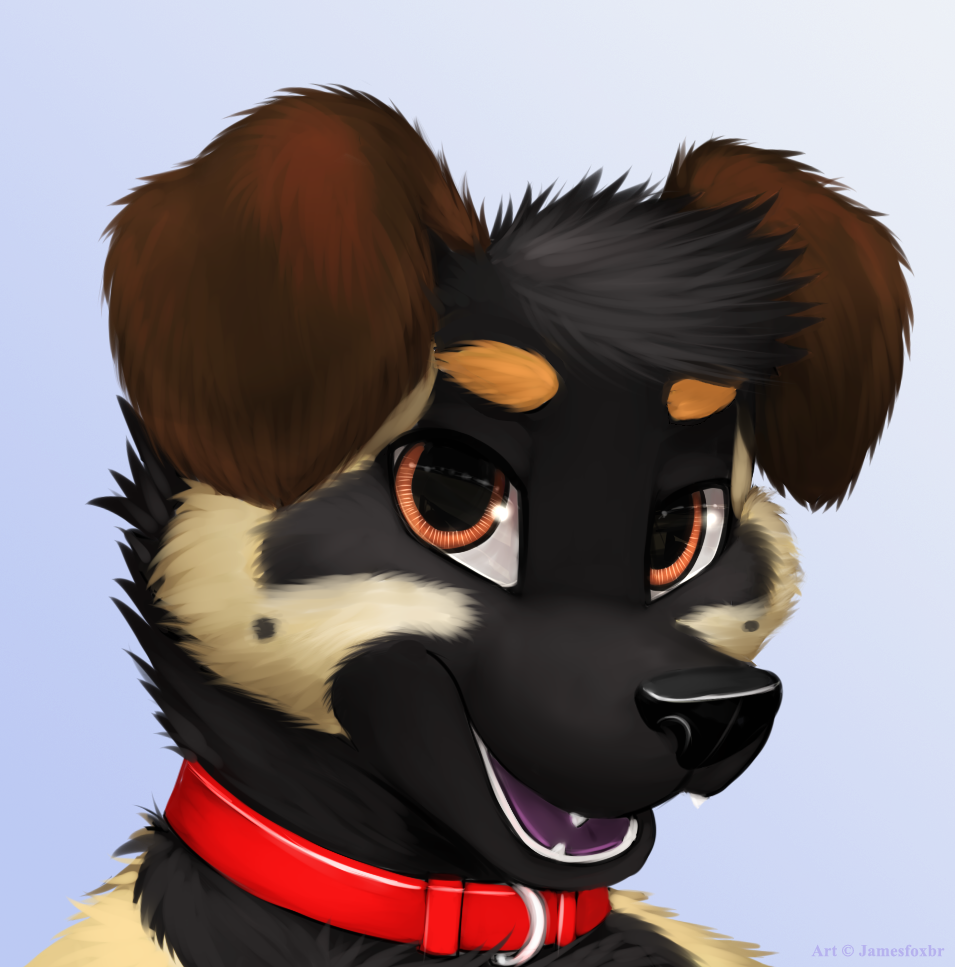 anthro canine collar cute dog fur jamesfoxbr looking_at_viewer male mammal open_mouth plain_background seductive smile solo teeth tongue