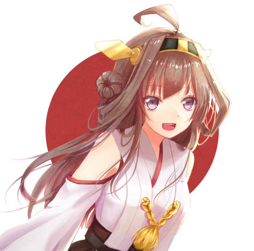 ahoge brown_hair detached_sleeves japanese_flag kantai_collection kongou_(kantai_collection) long_hair looking_at_viewer nekomaaro nontraditional_miko open_mouth purple_eyes solo white_background