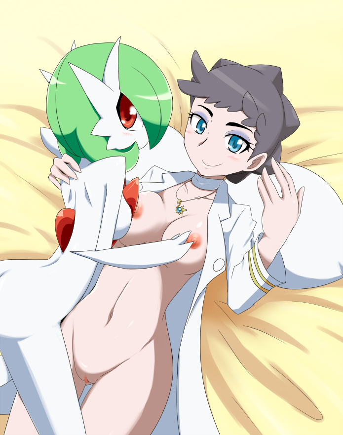 bed_sheet bestiality black_hair blue_eyes blush breasts carnet_(pokemon) choker coat come_hither creature eyeshadow gardevoir gen_3_pokemon jewelry large_breasts long_coat looking_at_viewer makeup multiple_girls navel necklace neichii nipples no_panties open_clothes open_coat pokemon pokemon_(creature) pokemon_(game) pokemon_xy pussy red_eyes short_hair smile white_skin yuri