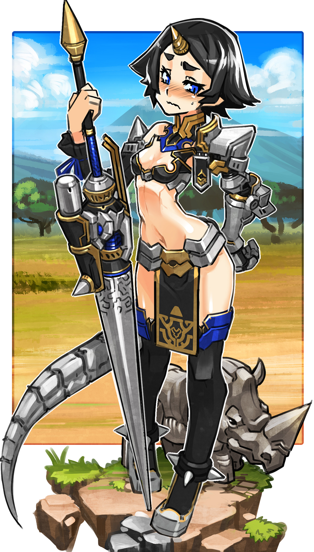 alternate_costume anklet bad_id bad_pixiv_id black_hair black_legwear blue_eyes blush breasts cleavage_cutout detached_sleeves embarrassed eyebrows gauntlets gettewi gloves highres horn jewelry lance loincloth midriff mismatched_sleeves navel original pauldrons personification planted_weapon polearm revealing_clothes rhinoceros short_hair single_glove small_breasts solo spikes sweatdrop tail thighhighs weapon