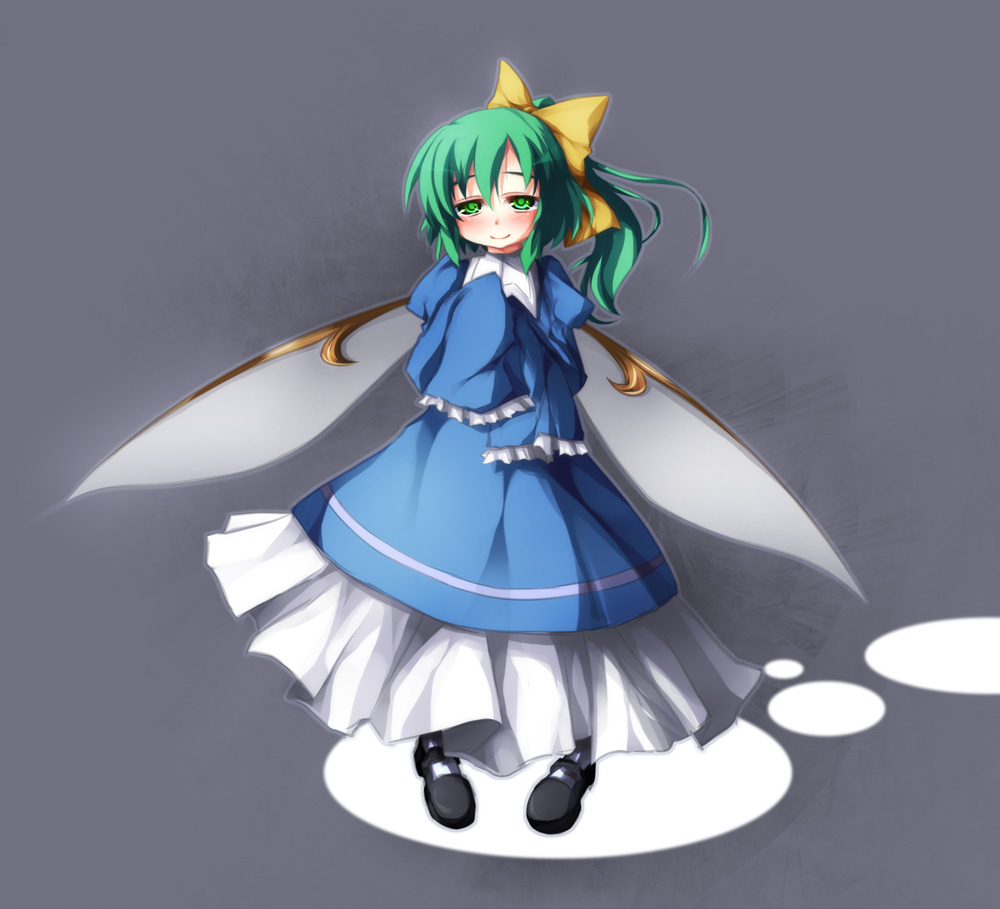 blush bow daiyousei fairy_wings frills green_eyes green_hair hair_bow mary_janes oversized_clothes sasasa_(nashi) shoes side_ponytail sleeves_past_wrists solo touhou wings