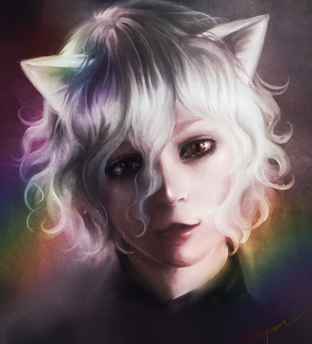 androgynous animal_ears brown_eyes cat_ears crying curly_hair hunter_x_hunter neferpitou photorealistic pooton0828 realistic short_hair signature silver_hair solo tears upper_body