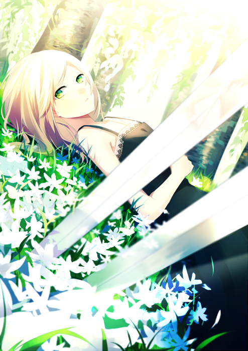 achiki bare_shoulders black_dress blade blonde_hair closed_mouth dress dutch_angle flower forest green_eyes looking_at_viewer lying nature on_back original outdoors solo spaghetti_strap sundress white_flower