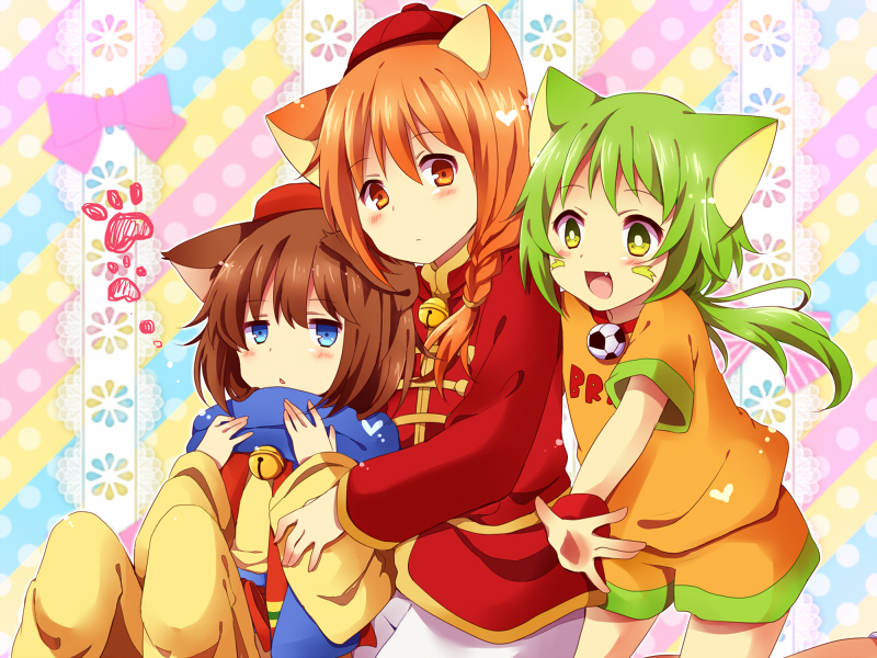 :d animal_ears bad_id bad_pixiv_id ball bell blue_eyes blue_scarf blush braid brown_hair cat_ears catboy chinese_clothes clothes_writing cowboy_shot dora-nichov dora-rinho doraemon fang green_eyes green_hair hair_over_shoulder hat heart jewelry jingle_bell long_sleeves looking_at_viewer male_focus multiple_boys open_mouth orange_eyes orange_hair otoko_no_ko paw_print pendant personification scarf shirt short_sleeves single_braid sitting smile soccer_ball standing t-shirt tangzhuang the_doraemons tooth uguisu_mochi_(ykss35) wang_dora