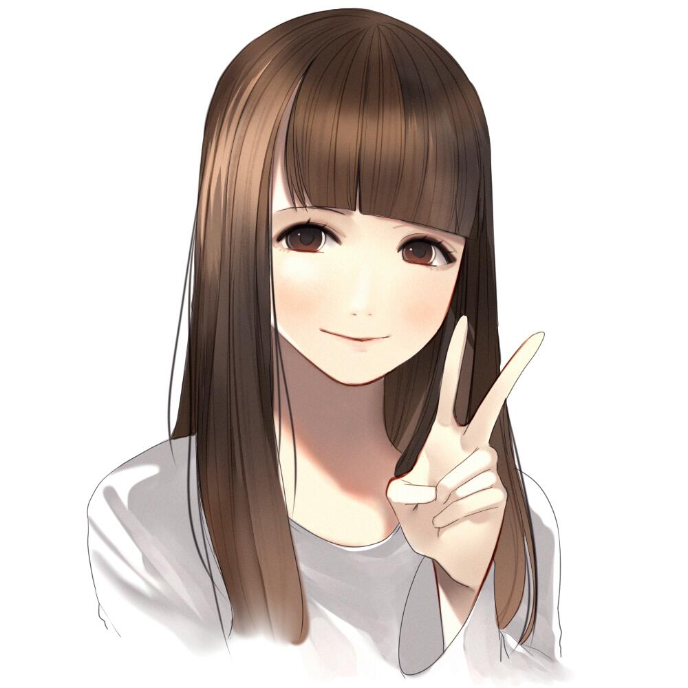 bangs blunt_bangs brown_eyes brown_hair copyright_request long_hair looking_at_viewer simple_background smile solo tsukimoto_aoi upper_body v white_background