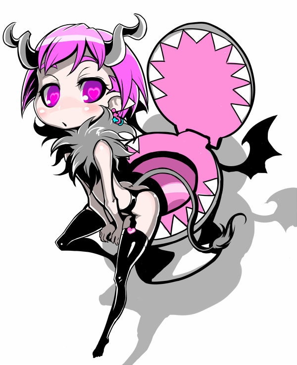 commentary earrings flat_chest garter_belt heart heart-shaped_pupils horns indee jewelry no_panties original pink_eyes pink_hair shadow solo symbol-shaped_pupils tail thighhighs toilet white_background wings