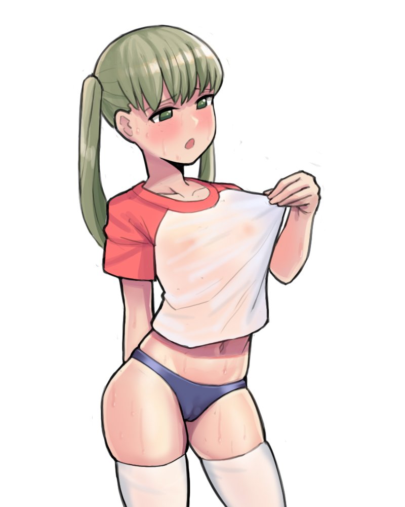 1girl blonde_hair blush breasts buruma cameltoe colorized commentary donburikazoku flat_chest green_eyes gym_uniform long_hair maka_albarn navel nipples open_mouth see-through shirt small_breasts solo soul_eater sweat t-shirt thighhighs twintails wet wet_clothes wet_shirt