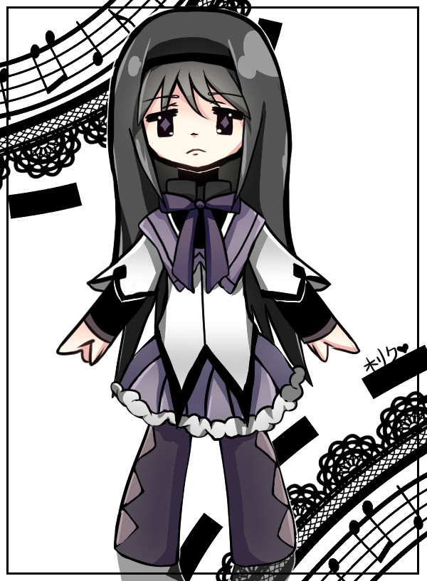 akemi_homura beamed_eighth_notes black_hair chibi eighth_note frown hairband long_hair looking_at_viewer magical_girl mahou_shoujo_madoka_magica musical_note pantyhose quarter_note sad simple_background skirt solo staff_(music)