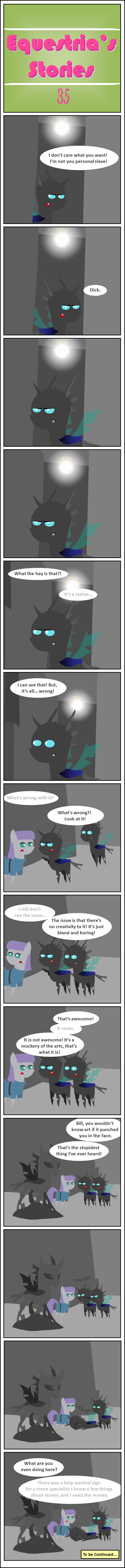 blue_eyes changeling comic dialog earth_pony english_text equine eyes_closed female feral friendship_is_magic green_eyes group hair horn horse mammal maud_pie_(mlp) my_little_pony open_mouth pony purple_hair sculpture statue text wings zacatron94