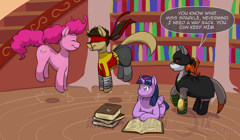 book bookshelf brown_hair cutie_mark dialog earth_pony english_text equine ethanqix eyes_closed female feral friendship_is_magic fur group hair horn horse inside male mammal mask my_little_pony pink_fur pink_hair pinkie_pie_(mlp) pony purple_eyes purple_fur purple_hair smile stairs text twilight_sparkle_(mlp) watermark winged_unicorn wings