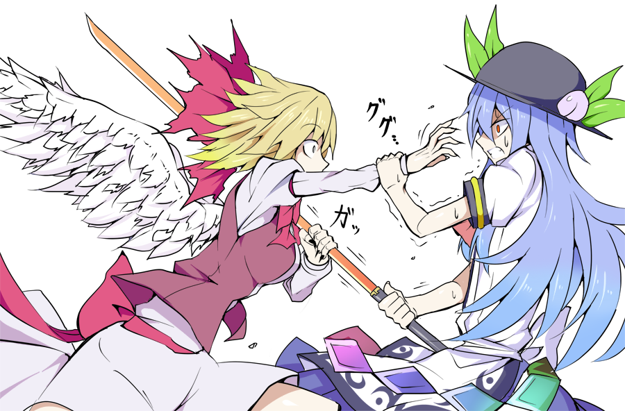 arm_grab battle blonde_hair blue_hair bow claws clenched_teeth crazy_eyes duel feathered_wings food fruit gengetsu grabbing hair_bow hat hinanawi_tenshi kenuu_(kenny) long_hair multiple_girls peach red_eyes simple_background sound_effects struggling surprised sweatdrop sword sword_of_hisou teeth touhou touhou_(pc-98) trembling weapon white_background wide-eyed wings