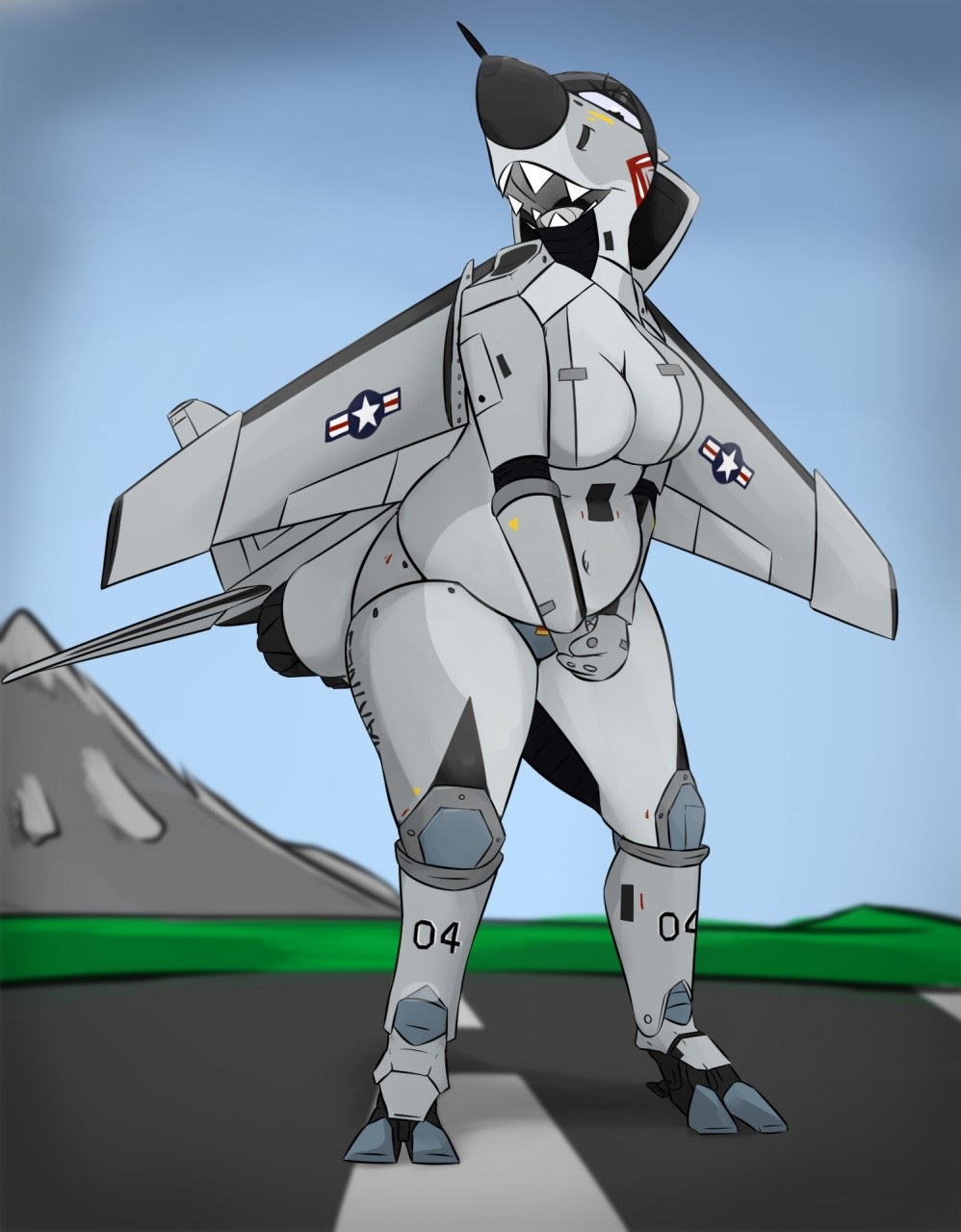 aircraft airplane alternate_species anthro black_nose breasts f-4 female humanoid humanoidized jet living_aircraft living_machine machine marines not_furry outside phantom slightly_chubby solo solo_focus tagme vietnam