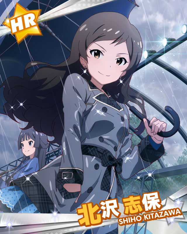 artist_request black_hair cloud cloudy_sky earrings idolmaster idolmaster_million_live! jewelry kitazawa_shiho long_hair looking_at_viewer mogami_shizuka multiple_girls official_art raincoat red_eyes sky smile stage_lights umbrella