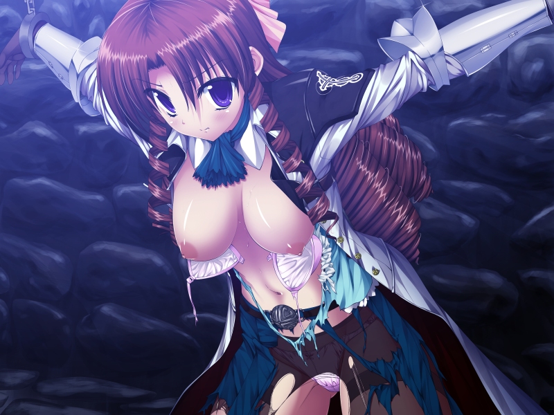 1girl artist_request bdsm bondage bound bra breasts brown_hair character_request copyright_request cuffs drill_hair helpless large_breasts long_hair nipples panties pantyhose purple_eyes restrained saitou_natsuki source_request torn_clothes torn_pantyhose triangle_(company) underwear vampire_crusaders yuugure_pairo