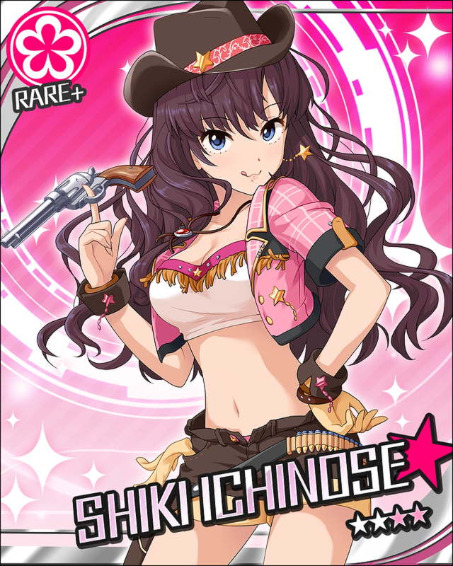 artist_request bandeau bandolier blue_eyes breasts brown_hair card_(medium) character_name cleavage colt_saa earrings flower_(symbol) fringe_trim gun handgun ichinose_shiki idolmaster idolmaster_cinderella_girls jewelry jpeg_artifacts long_hair medium_breasts midriff navel official_art pendant revolver solo tongue tongue_out unbuttoned weapon western