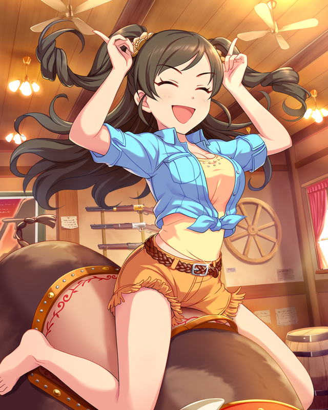 :d ^_^ barefoot belt ceiling_fan closed_eyes curtains fringe_trim front-tie_top gun horns_pose idolmaster idolmaster_cinderella_girls indoors jpeg_artifacts lever_action mechanical_bull nonomura_sora official_art open_mouth rifle shirt shorts smile solo tied_shirt two_side_up weapon western window