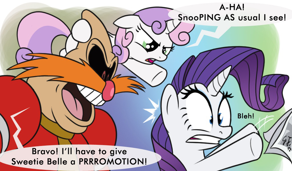 crossover dialog dr_eggman english_text equine facial_hair female friendship_is_magic green_eyes group hair horn male mammal meme mustache my_little_pony newspaper open_mouth purple_hair rarity_(mlp) sibling sister sweetie_belle_(mlp) teeth text two_tone_hair unicorn