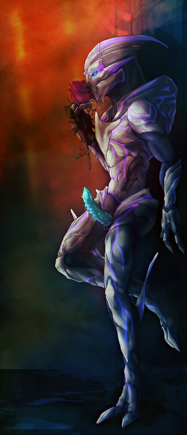 barbs biceps blue_eyes blue_penis cum cum_drip dripping erection flower genital_slit glowing leaning looking_at_viewer male mass_effect nude penis precum rose slit solo soullesshusk standing tapering_penis turian two_toes wall