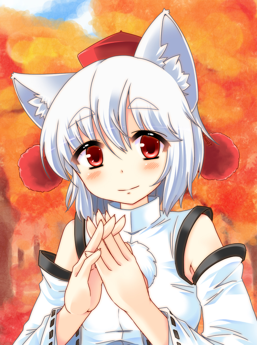 animal_ears bare_shoulders blush detached_sleeves hainakku hat inubashiri_momiji leaf looking_at_viewer nature pom_pom_(clothes) red_eyes short_hair silver_hair smile solo steepled_fingers tokin_hat touhou tree wolf_ears