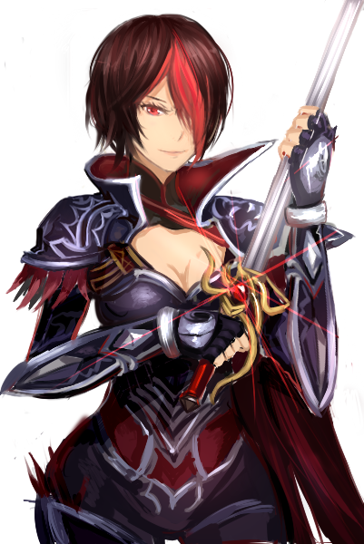 alternate_costume armor bangs black_hair breastplate breasts cape cleavage cleavage_cutout cowboy_shot fingerless_gloves fiora_laurent gem glint gloves hair_over_one_eye holding holding_weapon league_of_legends light_smile looking_at_viewer medium_breasts multicolored_hair naemperor nightraven_fiora pauldrons red_eyes red_hair short_hair simple_background smile solo sword two-tone_hair vambraces weapon white_background