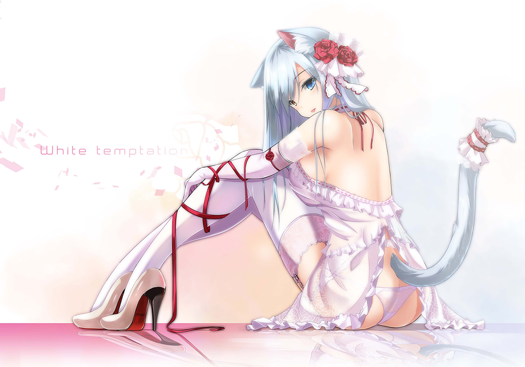 animal_ears blue_eyes bow breasts cat_ears cat_tail english fatkewell flower garter_belt gloves hair_flower hair_ornament heterochromia high_heels lace lace-trimmed_thighhighs large_breasts lipstick long_hair makeup original panties reflection reflective_floor ribbon rose silver_hair sitting smile solo tail tail_ornament thighhighs underwear white_footwear white_gloves white_legwear white_panties yellow_eyes