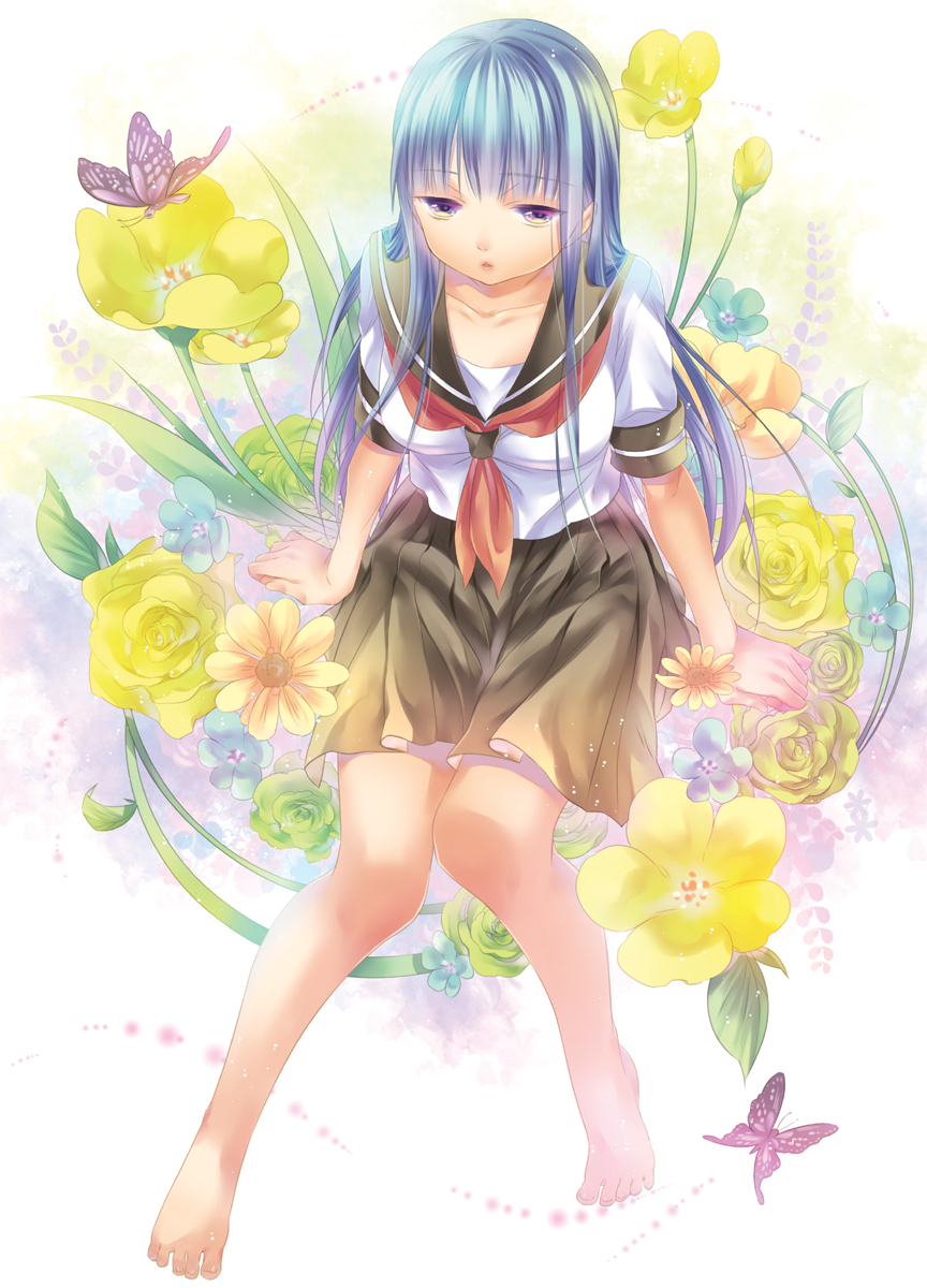 barefoot blue_hair bug butterfly feet flower highres insect kirisita legs long_hair original purple_eyes school_uniform serafuku skirt solo toes white_background