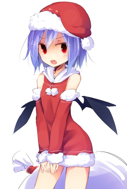 alternate_costume bat_wings hat kazeharu looking_at_viewer open_mouth purple_hair red_eyes remilia_scarlet santa_costume santa_hat short_hair simple_background sketch solo touhou wavy_mouth white_background wings
