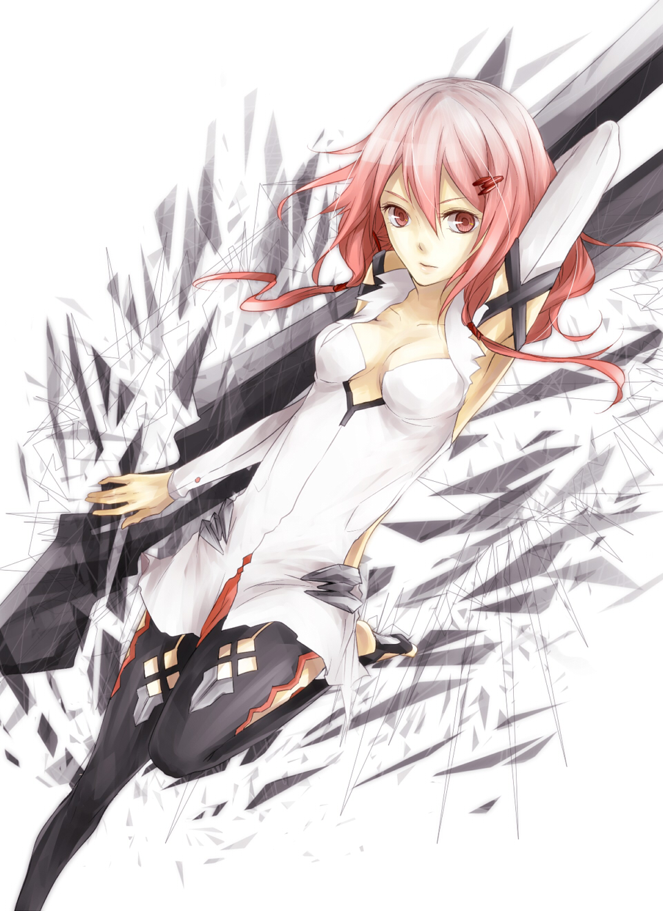 bare_shoulders black_legwear breasts cleavage detached_sleeves gloves guilty_crown hair_ornament hairclip highres long_hair looking_at_viewer pink_hair red_eyes solo thighhighs twintails void_(guilty_crown) yoma yuzuriha_inori