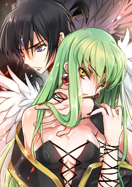 1girl access_time angel_wings black_hair breasts brooch c.c. cleavage code_geass couple creayus cross-laced_clothes earrings expressionless feathers finn_fish green_hair hair_between_eyes jewelry kamikaze_kaitou_jeanne lelouch_lamperouge long_hair looking_at_viewer medium_breasts parted_lips purple_eyes wings wristband yellow_eyes