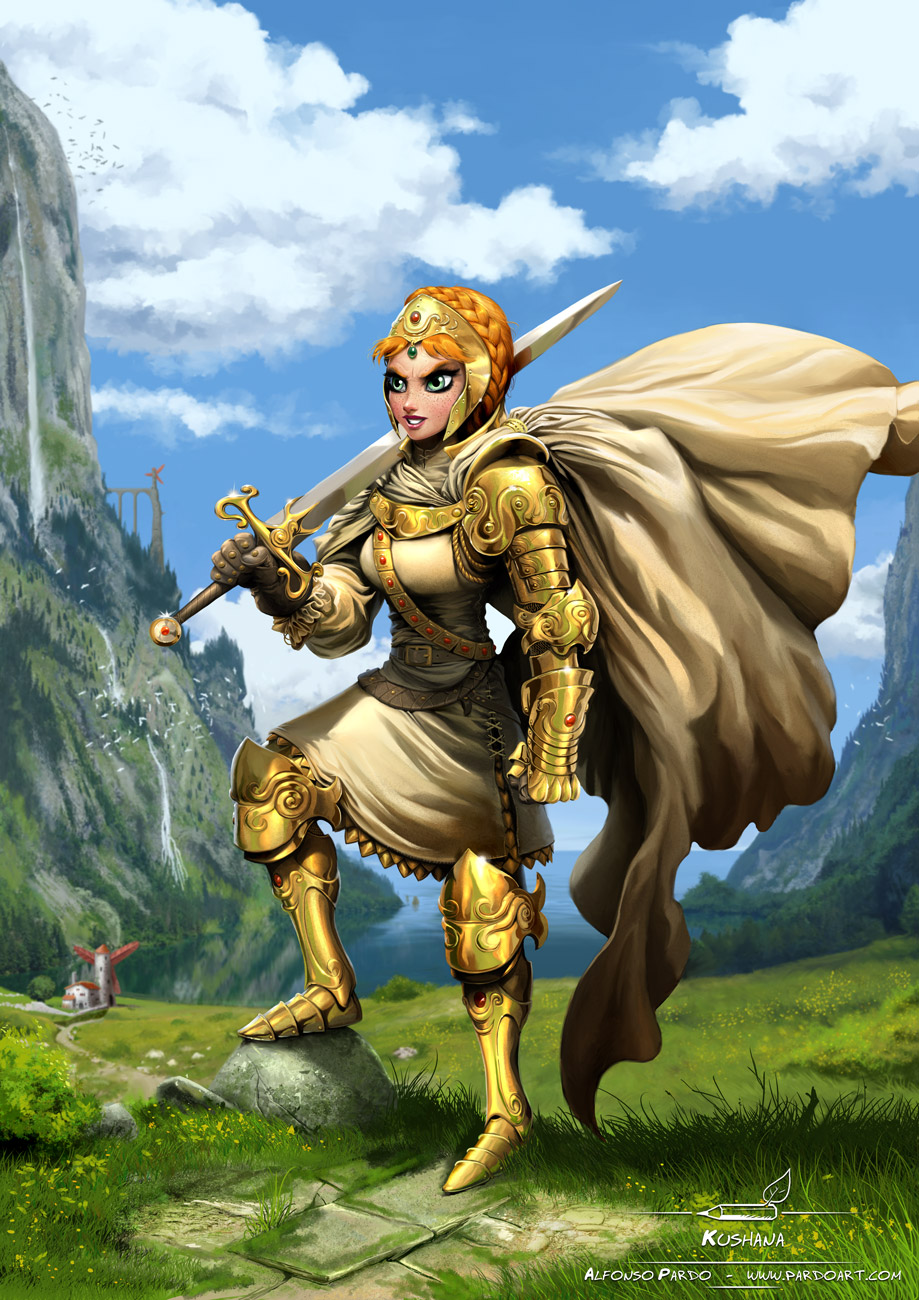 arm armor brown_hair cape green_eyes grin highres kaze_no_tani_no_nausicaa kushana over_shoulder pardoart smile sword sword_over_shoulder weapon weapon_over_shoulder