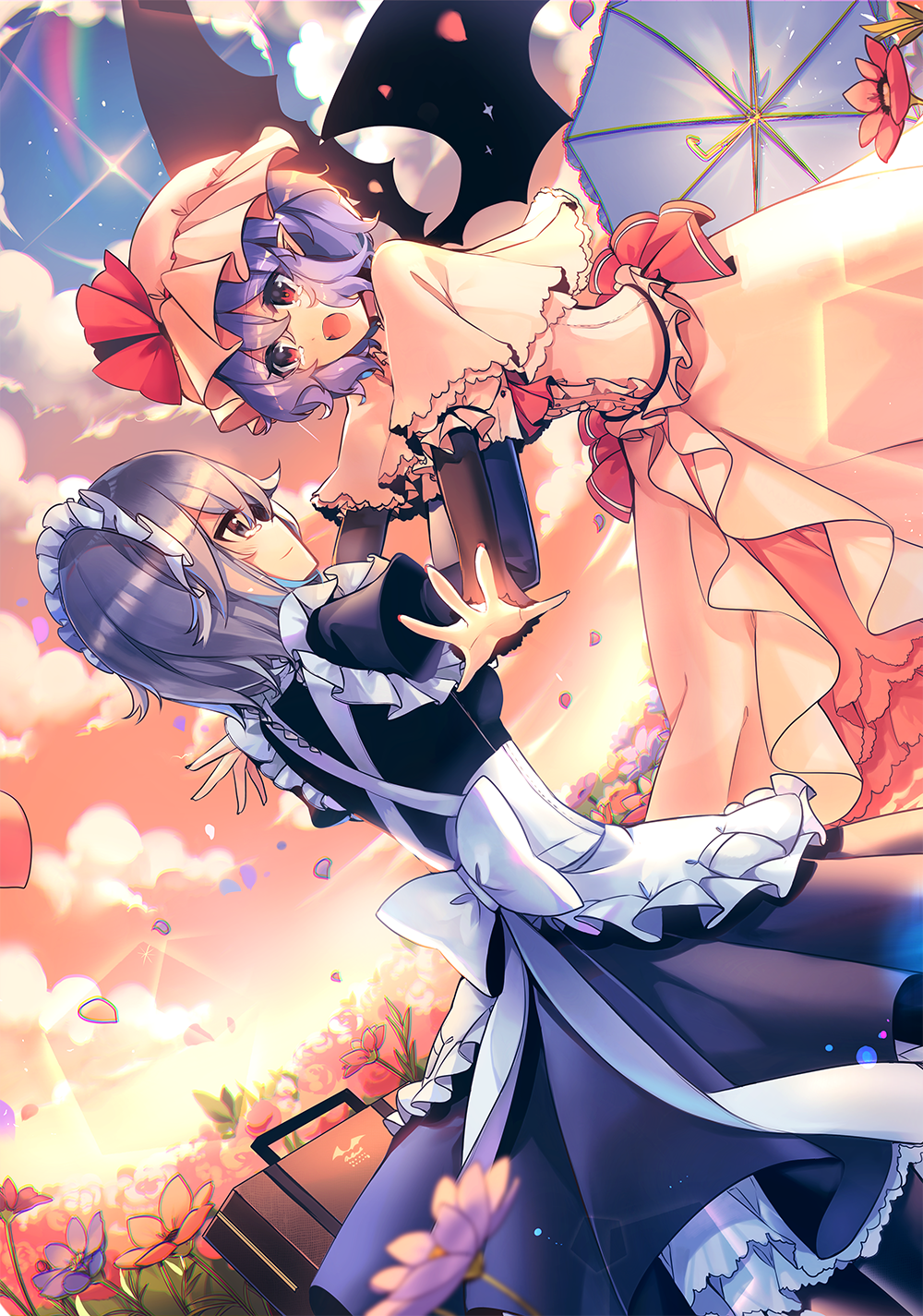 2girls :o apron bangs bat_wings blue_dress blue_eyes blue_flower blue_hair blue_sky blue_umbrella bow breasts briefcase capelet cloude commentary_request dress dutch_angle eye_contact eyebrows_visible_through_hair feet_out_of_frame field flower flower_field frilled_apron frills gradient_sky hair_between_eyes happy_tears hat hat_ribbon highres izayoi_sakuya juliet_sleeves kirero lens_flare long_sleeves looking_at_another maid maid_apron maid_headdress medium_breasts mob_cap multiple_girls nail_polish open_mouth orange_sky outdoors outstretched_arms petals petticoat pink_capelet pink_dress pink_flower pink_hat pointy_ears puffy_sleeves red_eyes red_nails red_ribbon remilia_scarlet ribbon short_hair silver_hair sky smile standing tears touhou umbrella waist_apron white_apron white_bow wings