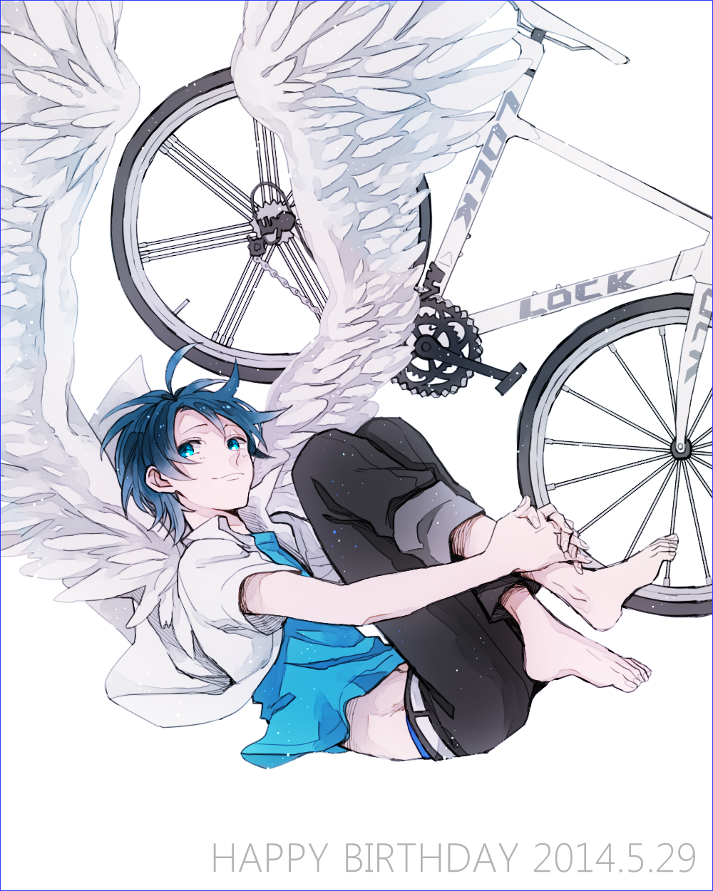bicycle blue_eyes blue_hair dated ground_vehicle happy_birthday highres hoshiko_(shu-kuri-mu) manami_sangaku school_uniform short_hair wings yowamushi_pedal