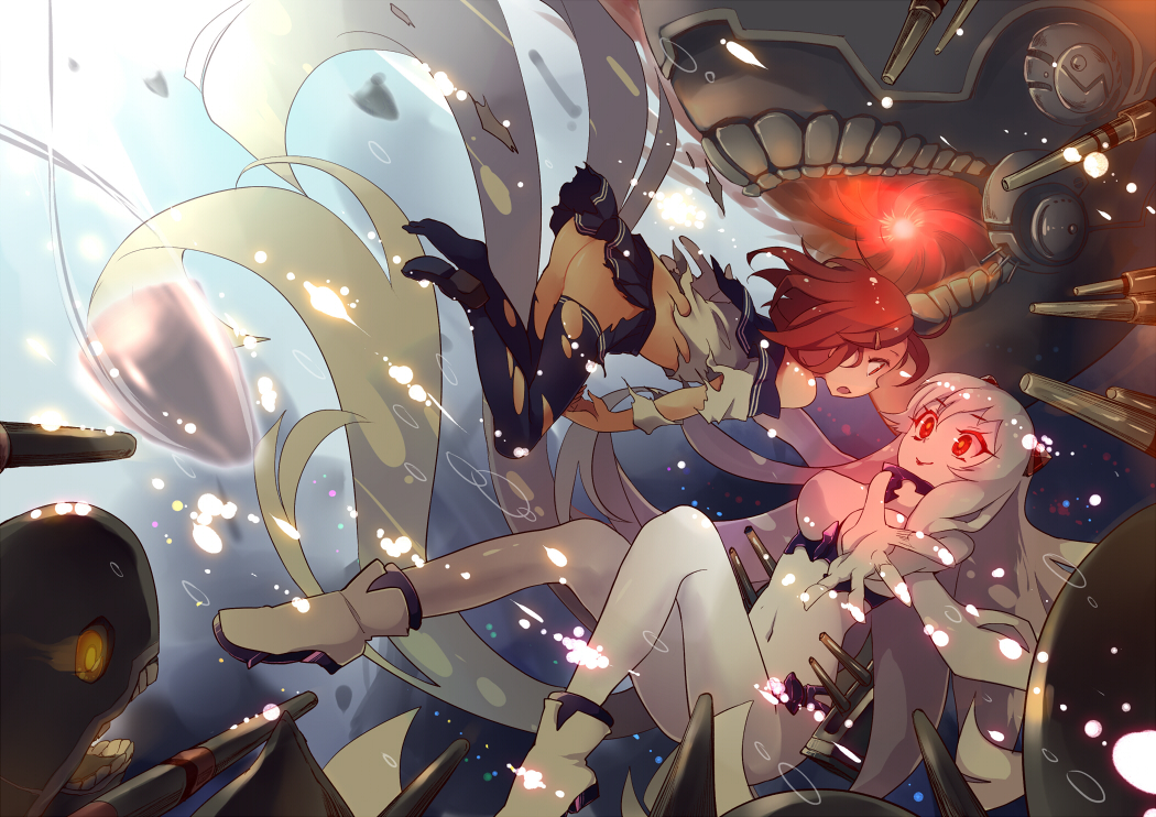 2girls airfield_hime boots brown_hair bubbles ikazuchi_(kancolle) kantai_collection long_hair red_eyes seifuku short_hair skirt thighhighs torn_clothes underwater water white_hair yetworldview_kaze