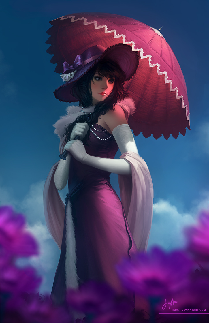 black_hair borrowed_character commentary dress elbow_gloves flat_chest gloves hat jewelry jonathan_hamilton lips lipstick long_hair makeup necklace nose original parasol pearl_necklace purple_dress shawl solo sun_hat umbrella watermark web_address white_gloves
