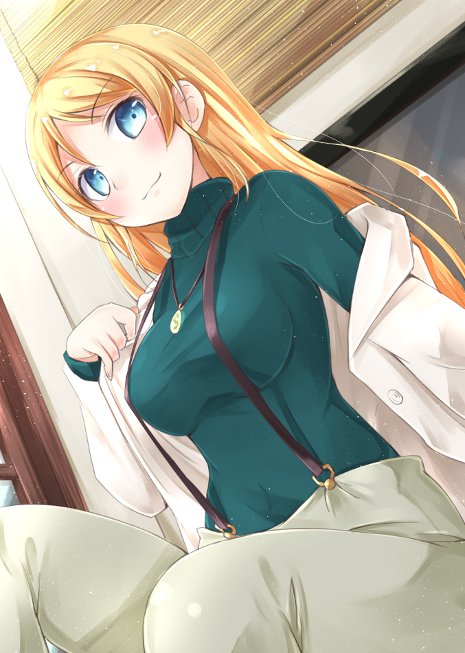 ayase_eli bad_id bad_pixiv_id banned_artist blonde_hair blue_eyes breasts jewelry large_breasts long_hair love_live! love_live!_school_idol_project mirai_(macharge) necklace ponytail smile solo suspenders turtleneck