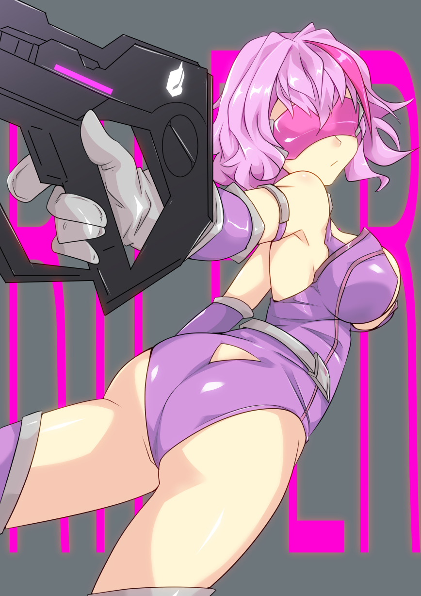 1girl aiming_at_viewer breasts character_name cleavage english girls_frontline gun highres looking_back purple_eyes purple_hair ripper_(girls_frontline) sangue_llia sangvis_ferri solo submachine_gun sunglasses weapon