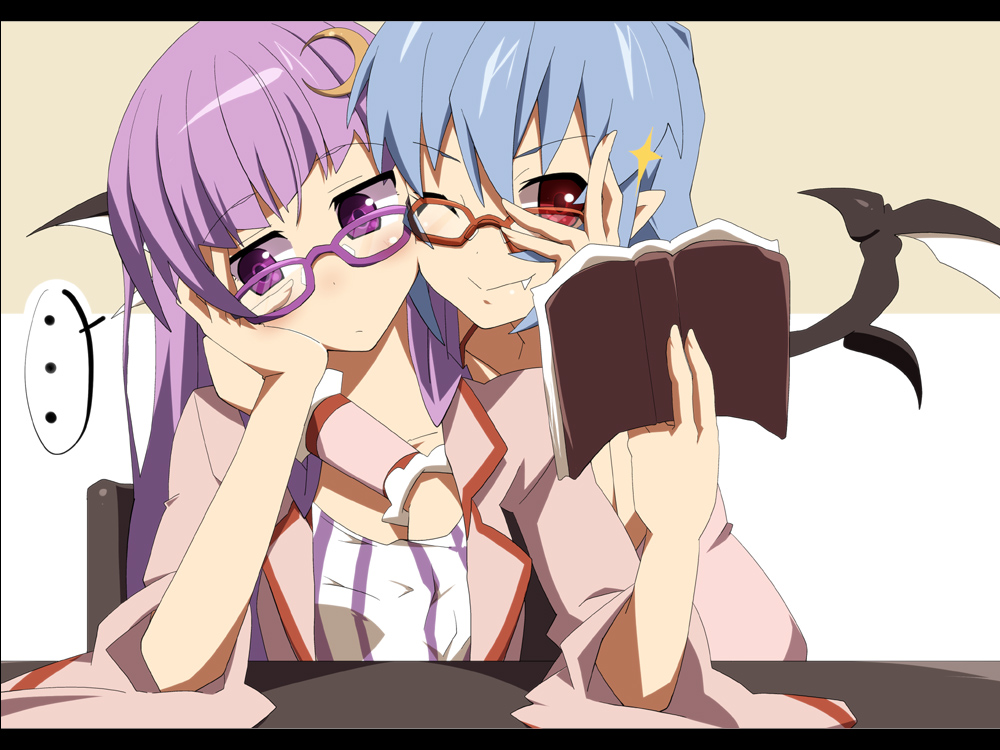 2girls arm_support bat_wings bespectacled blue_hair blush book breast_grab breasts brown-framed_eyewear chair coat dress fang glasses grabbing hand_under_clothes hand_under_shirt long_hair multiple_girls one_eye_closed open_clothes open_coat patchouli_knowledge pointy_ears purple-framed_eyewear purple_dress purple_eyes purple_hair red_eyes remilia_scarlet shin'ya_(nanp) shirt sitting smile sparkle striped striped_dress table touhou wings yuri